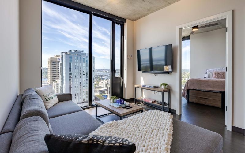 a living room with a large window